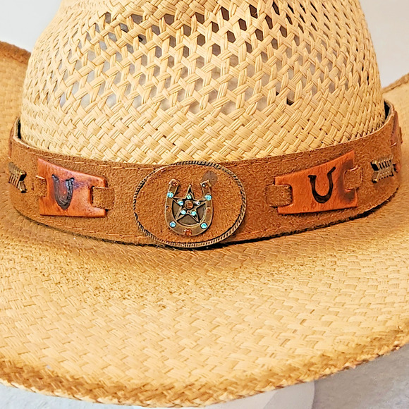 BULLHIDE "Lucky Strike" Panama Straw Raffia Cowboy Hat Shapeable Rhinestones XL - Picture 2 of 13